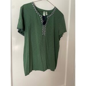 Aventura‎ Green Embroidered Tunic Top Womens Medium Casual Boho Blouse